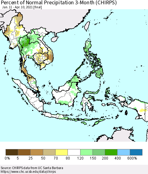 South East Asia Percent of Normal Precipitation 3-Month (CHIRPS) Thematic Map For 1/11/2021 - 4/10/2021