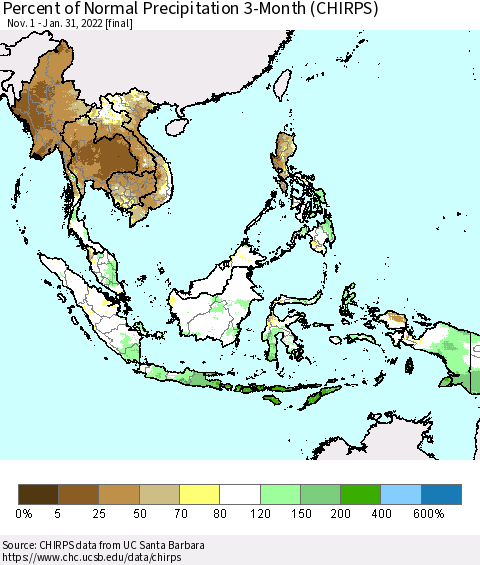South East Asia Percent of Normal Precipitation 3-Month (CHIRPS) Thematic Map For 11/1/2021 - 1/31/2022