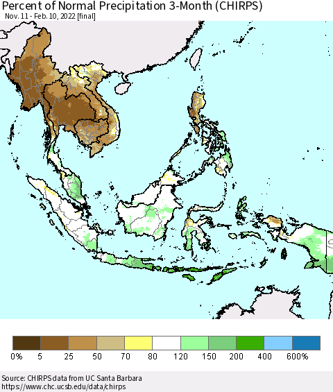 South East Asia Percent of Normal Precipitation 3-Month (CHIRPS) Thematic Map For 11/11/2021 - 2/10/2022