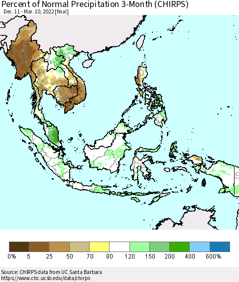 South East Asia Percent of Normal Precipitation 3-Month (CHIRPS) Thematic Map For 12/11/2021 - 3/10/2022