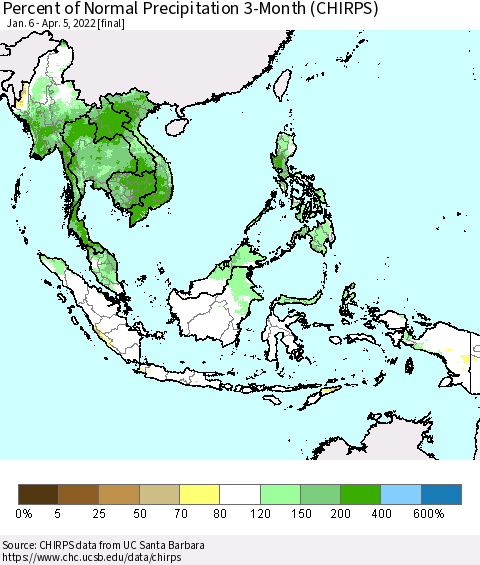 South East Asia Percent of Normal Precipitation 3-Month (CHIRPS) Thematic Map For 1/6/2022 - 4/5/2022