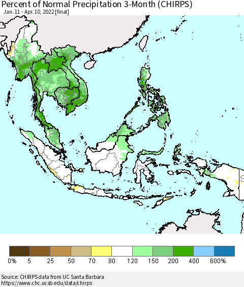 South East Asia Percent of Normal Precipitation 3-Month (CHIRPS) Thematic Map For 1/11/2022 - 4/10/2022