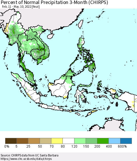South East Asia Percent of Normal Precipitation 3-Month (CHIRPS) Thematic Map For 2/11/2022 - 5/10/2022