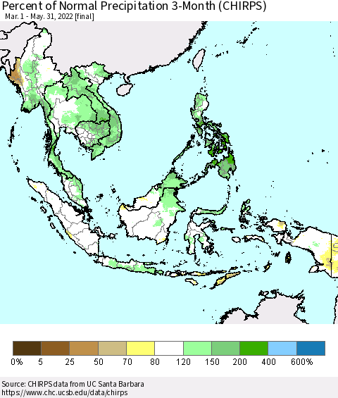 South East Asia Percent of Normal Precipitation 3-Month (CHIRPS) Thematic Map For 3/1/2022 - 5/31/2022