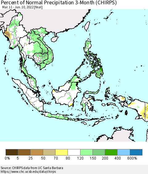 South East Asia Percent of Normal Precipitation 3-Month (CHIRPS) Thematic Map For 3/11/2022 - 6/10/2022