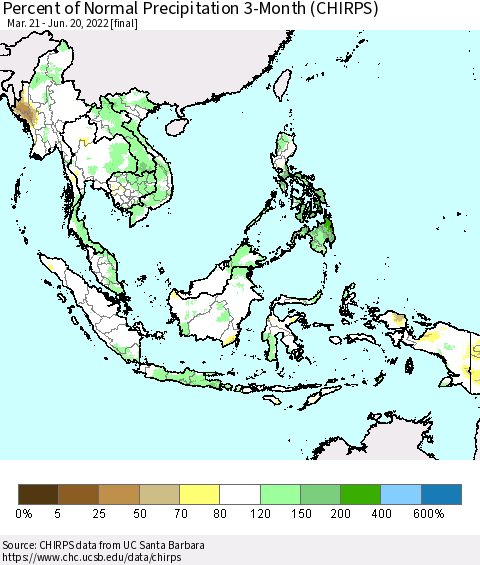 South East Asia Percent of Normal Precipitation 3-Month (CHIRPS) Thematic Map For 3/21/2022 - 6/20/2022