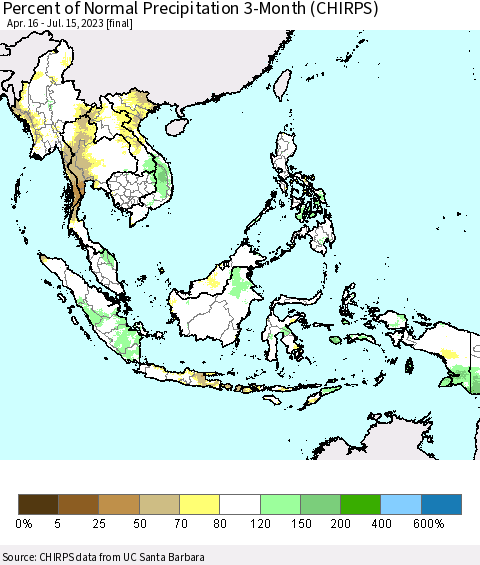 South East Asia Percent of Normal Precipitation 3-Month (CHIRPS) Thematic Map For 4/16/2023 - 7/15/2023
