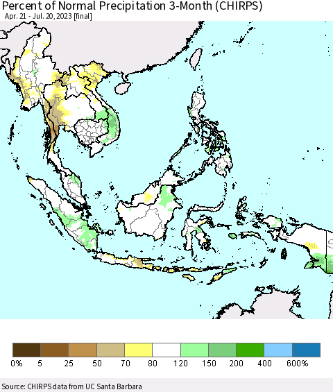 South East Asia Percent of Normal Precipitation 3-Month (CHIRPS) Thematic Map For 4/21/2023 - 7/20/2023