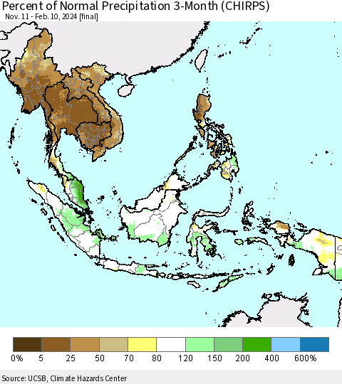 South East Asia Percent of Normal Precipitation 3-Month (CHIRPS) Thematic Map For 11/11/2023 - 2/10/2024