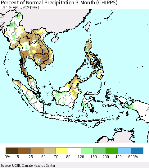 South East Asia Percent of Normal Precipitation 3-Month (CHIRPS) Thematic Map For 1/6/2024 - 4/5/2024