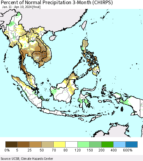 South East Asia Percent of Normal Precipitation 3-Month (CHIRPS) Thematic Map For 1/11/2024 - 4/10/2024