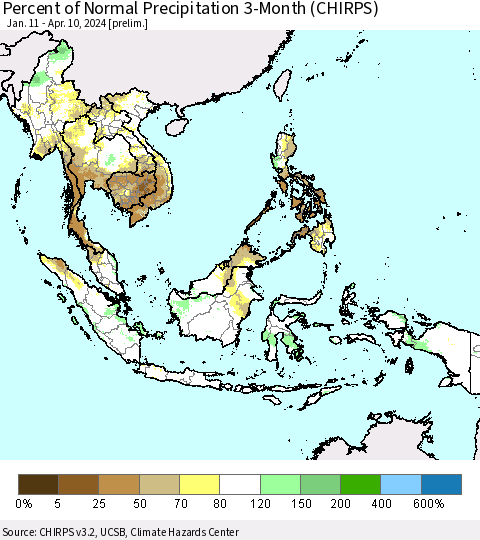 South East Asia Percent of Normal Precipitation 3-Month (CHIRPS) Thematic Map For 1/11/2024 - 4/10/2024