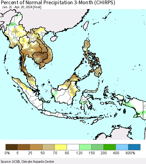 South East Asia Percent of Normal Precipitation 3-Month (CHIRPS) Thematic Map For 1/21/2024 - 4/20/2024