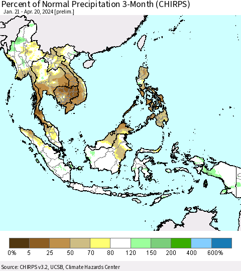 South East Asia Percent of Normal Precipitation 3-Month (CHIRPS) Thematic Map For 1/21/2024 - 4/20/2024