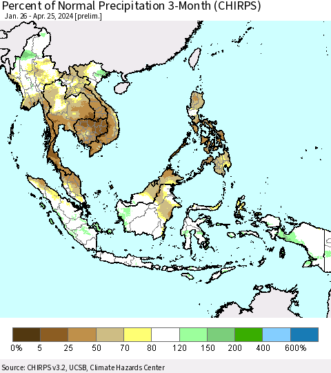 South East Asia Percent of Normal Precipitation 3-Month (CHIRPS) Thematic Map For 1/26/2024 - 4/25/2024