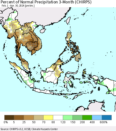 South East Asia Percent of Normal Precipitation 3-Month (CHIRPS) Thematic Map For 2/1/2024 - 4/30/2024