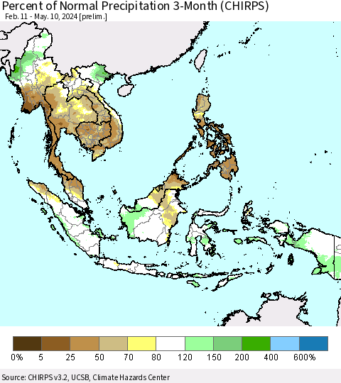 South East Asia Percent of Normal Precipitation 3-Month (CHIRPS) Thematic Map For 2/11/2024 - 5/10/2024