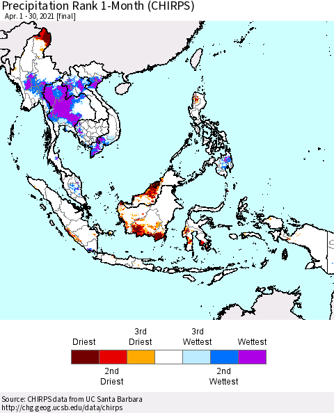 South East Asia Precipitation Rank since 1981, 1-Month (CHIRPS) Thematic Map For 4/1/2021 - 4/30/2021