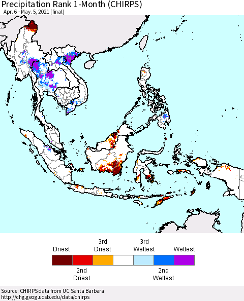 South East Asia Precipitation Rank since 1981, 1-Month (CHIRPS) Thematic Map For 4/6/2021 - 5/5/2021