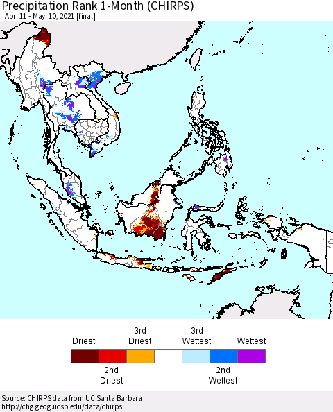 South East Asia Precipitation Rank since 1981, 1-Month (CHIRPS) Thematic Map For 4/11/2021 - 5/10/2021