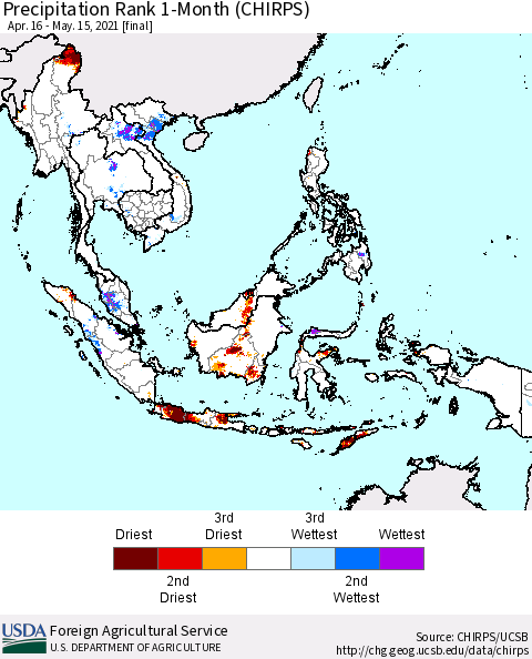 South East Asia Precipitation Rank since 1981, 1-Month (CHIRPS) Thematic Map For 4/16/2021 - 5/15/2021