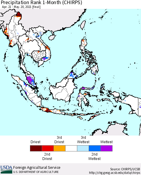 South East Asia Precipitation Rank since 1981, 1-Month (CHIRPS) Thematic Map For 4/21/2021 - 5/20/2021