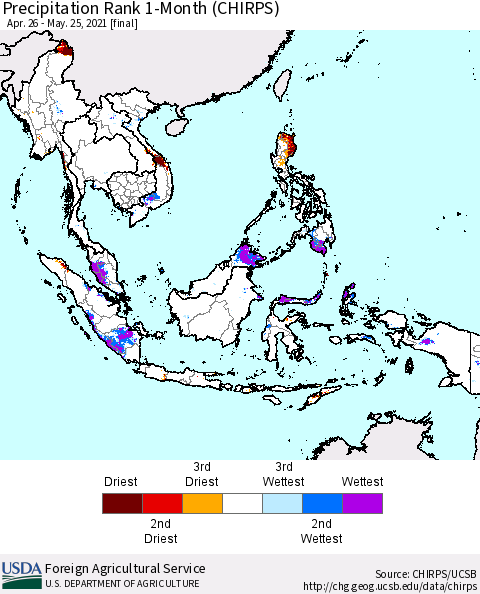 South East Asia Precipitation Rank since 1981, 1-Month (CHIRPS) Thematic Map For 4/26/2021 - 5/25/2021