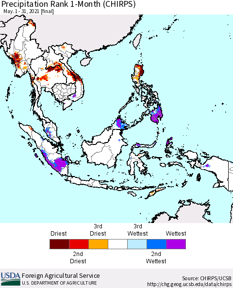 South East Asia Precipitation Rank since 1981, 1-Month (CHIRPS) Thematic Map For 5/1/2021 - 5/31/2021