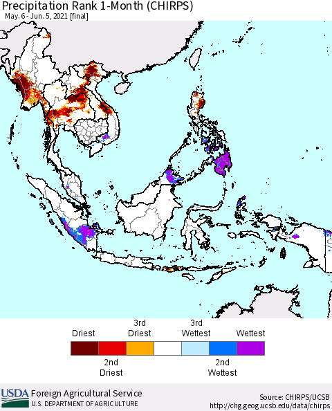 South East Asia Precipitation Rank since 1981, 1-Month (CHIRPS) Thematic Map For 5/6/2021 - 6/5/2021