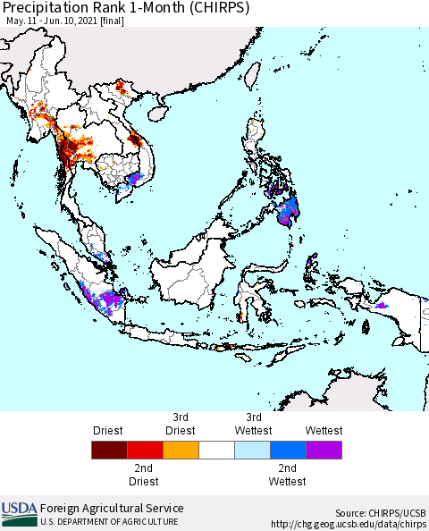 South East Asia Precipitation Rank since 1981, 1-Month (CHIRPS) Thematic Map For 5/11/2021 - 6/10/2021