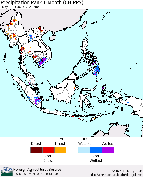 South East Asia Precipitation Rank since 1981, 1-Month (CHIRPS) Thematic Map For 5/16/2021 - 6/15/2021