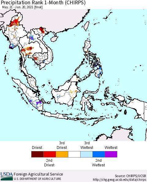 South East Asia Precipitation Rank since 1981, 1-Month (CHIRPS) Thematic Map For 5/21/2021 - 6/20/2021