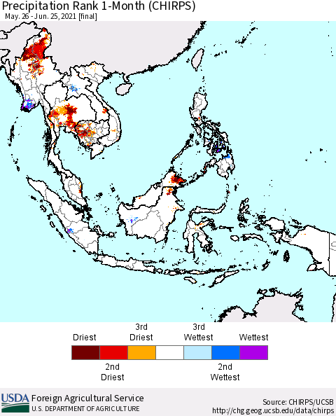 South East Asia Precipitation Rank since 1981, 1-Month (CHIRPS) Thematic Map For 5/26/2021 - 6/25/2021
