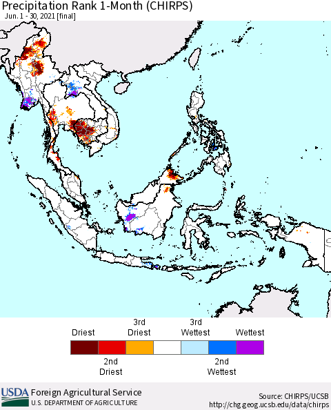 South East Asia Precipitation Rank since 1981, 1-Month (CHIRPS) Thematic Map For 6/1/2021 - 6/30/2021
