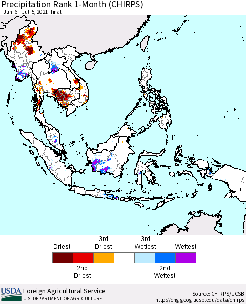 South East Asia Precipitation Rank since 1981, 1-Month (CHIRPS) Thematic Map For 6/6/2021 - 7/5/2021