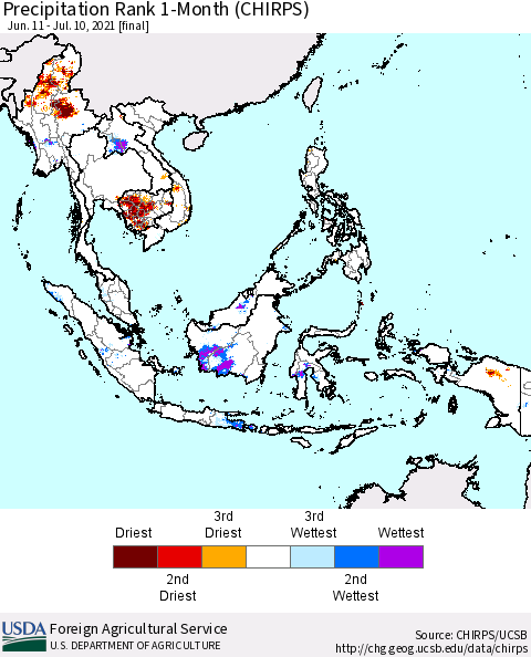 South East Asia Precipitation Rank since 1981, 1-Month (CHIRPS) Thematic Map For 6/11/2021 - 7/10/2021