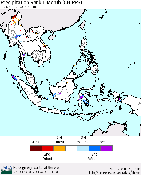 South East Asia Precipitation Rank since 1981, 1-Month (CHIRPS) Thematic Map For 6/21/2021 - 7/20/2021
