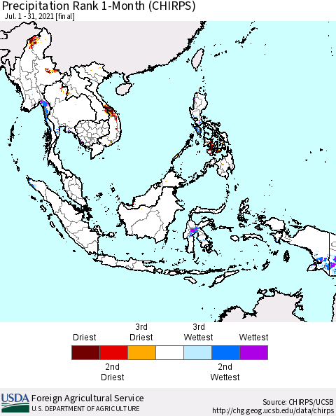 South East Asia Precipitation Rank since 1981, 1-Month (CHIRPS) Thematic Map For 7/1/2021 - 7/31/2021