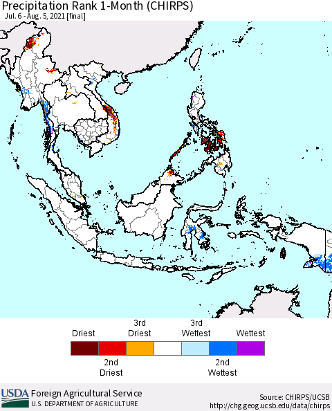 South East Asia Precipitation Rank since 1981, 1-Month (CHIRPS) Thematic Map For 7/6/2021 - 8/5/2021