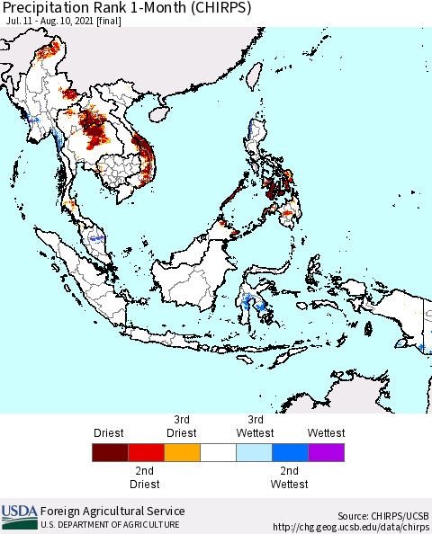South East Asia Precipitation Rank since 1981, 1-Month (CHIRPS) Thematic Map For 7/11/2021 - 8/10/2021