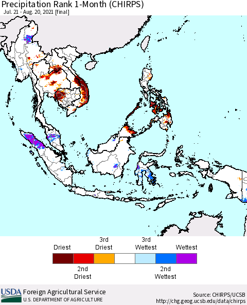 South East Asia Precipitation Rank since 1981, 1-Month (CHIRPS) Thematic Map For 7/21/2021 - 8/20/2021