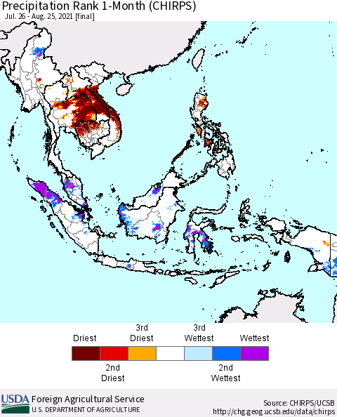 South East Asia Precipitation Rank since 1981, 1-Month (CHIRPS) Thematic Map For 7/26/2021 - 8/25/2021