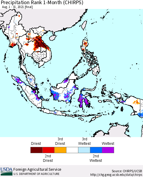 South East Asia Precipitation Rank since 1981, 1-Month (CHIRPS) Thematic Map For 8/1/2021 - 8/31/2021
