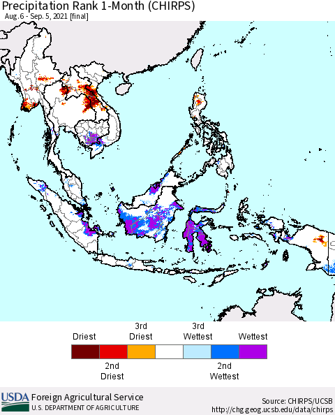 South East Asia Precipitation Rank since 1981, 1-Month (CHIRPS) Thematic Map For 8/6/2021 - 9/5/2021