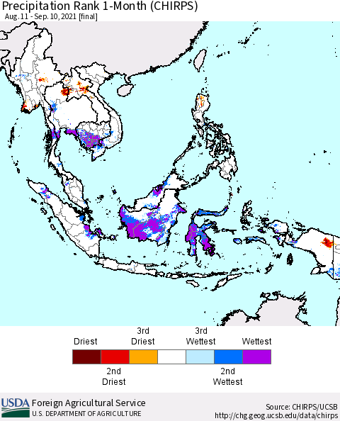 South East Asia Precipitation Rank since 1981, 1-Month (CHIRPS) Thematic Map For 8/11/2021 - 9/10/2021