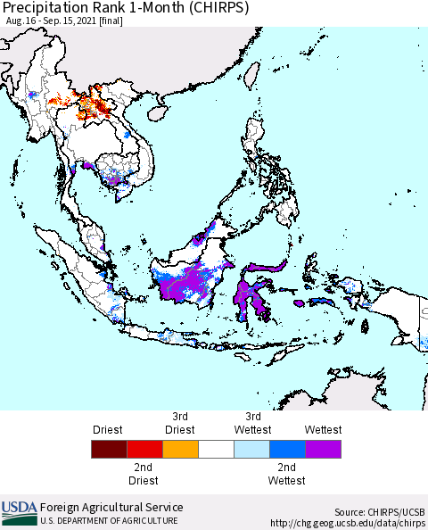 South East Asia Precipitation Rank since 1981, 1-Month (CHIRPS) Thematic Map For 8/16/2021 - 9/15/2021
