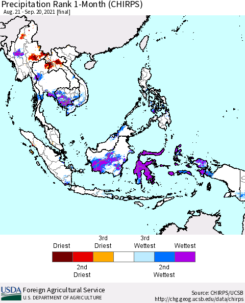 South East Asia Precipitation Rank since 1981, 1-Month (CHIRPS) Thematic Map For 8/21/2021 - 9/20/2021