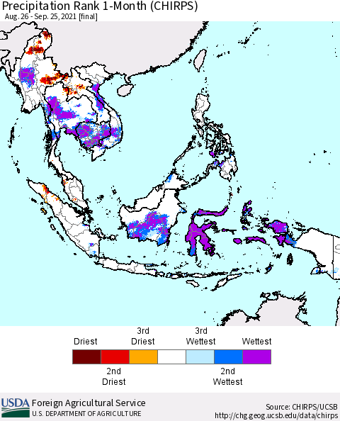 South East Asia Precipitation Rank since 1981, 1-Month (CHIRPS) Thematic Map For 8/26/2021 - 9/25/2021