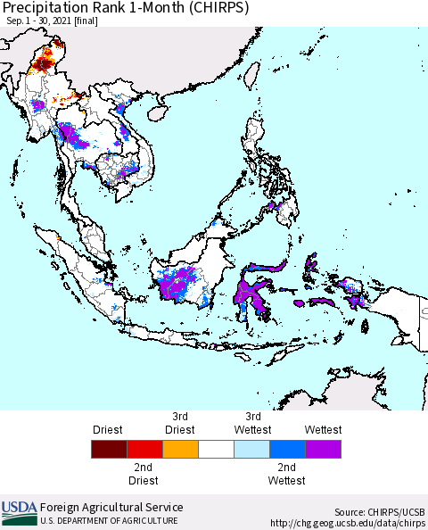 South East Asia Precipitation Rank since 1981, 1-Month (CHIRPS) Thematic Map For 9/1/2021 - 9/30/2021