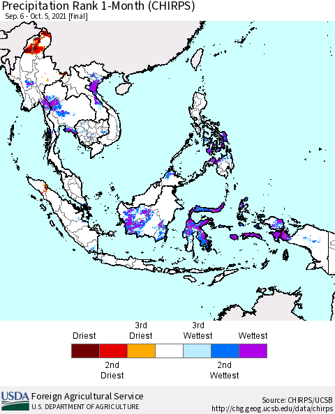 South East Asia Precipitation Rank since 1981, 1-Month (CHIRPS) Thematic Map For 9/6/2021 - 10/5/2021
